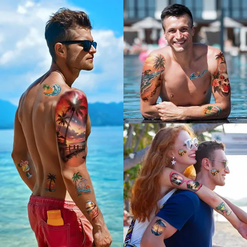 Miniatura 6 de 77 hojas de tatuajes temporales para mujeres y hombres, 17 hojas de tatuajes falsos de medio brazo de flores de playa, calaveras, atardeceres, 60