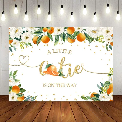 Lofaris A Little Cutie is On The Way - Telón de fondo para baby shower, naranja cítrico, para revelación de género, vegetación, naranja, floral,