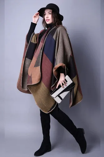 Miniatura 3 de Chal de punto para mujer a cuadros con parte delantera abierta tipo poncho tipo capa envolvente