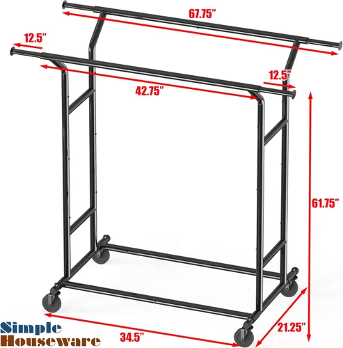 Miniatura 5 de Simple Houseware - Perchero de ropa de doble riel resistente, color negro, con capacidad de hasta 200 lbs, varilla extensible de 43 a 67 pulgadas