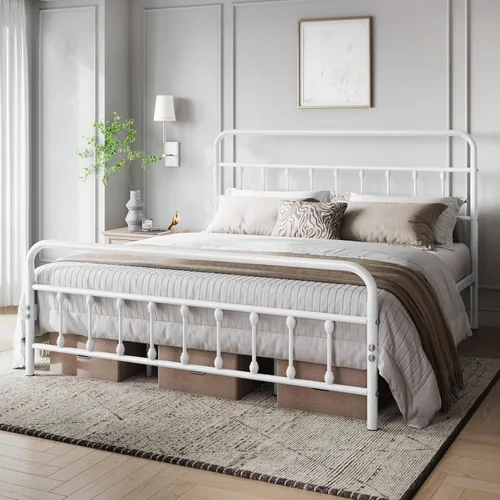 Miniatura 3 de Yaheetech Base de cama clásica de metal con base de colchón con estilo victoriano, cabecera, estribo, almacenamiento debajo de la cama, no necesita