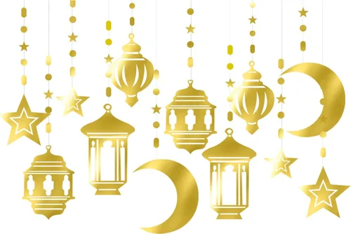 Guirnalda dorada de Ramadán con decoración de fiesta de estrellas y luna, 12 piezas de decoración colgante de estrella, serpentinas, farol de