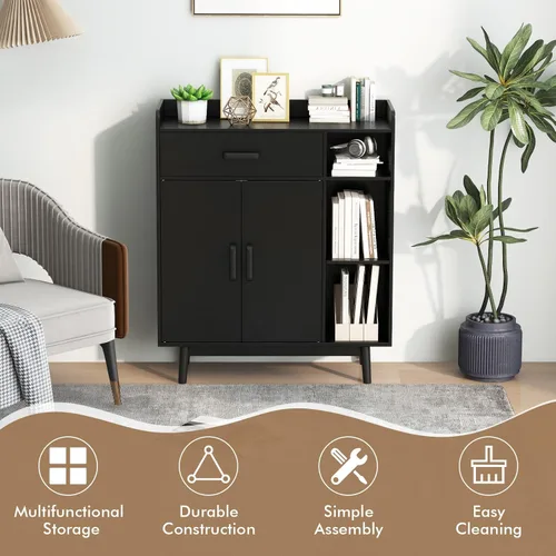 Miniatura 8 de Giantex Gabinete de Almacenamiento de Piso, Armario Independiente con 1 Cajón, 2 Puertas, 3 Estantes, 4 Patas de Madera de Caucho, Aparador, Unidad