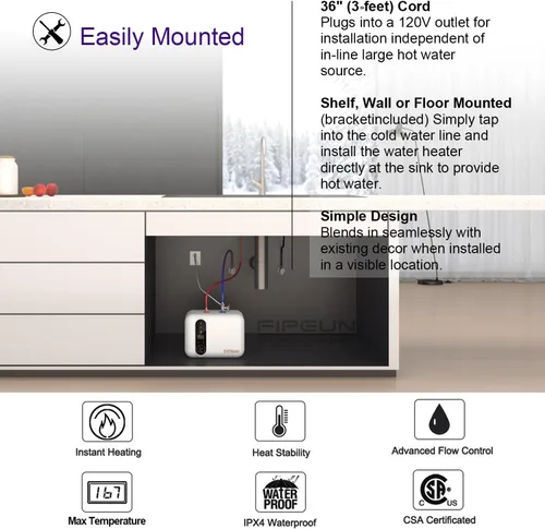 Miniatura 4 de Calentador de agua caliente eléctrico 110/120V pequeño y compacto de 2.5-3.0 galones, para RV, 1440-1500W, para cocina, debajo del fregadero, sobre