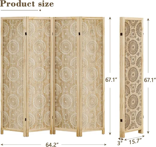 Miniatura 6 de WelFurGeer Divisor de habitación de madera hecho a mano, pantalla de privacidad plegable de 4 paneles con paneles ajustables de 360°, divisores