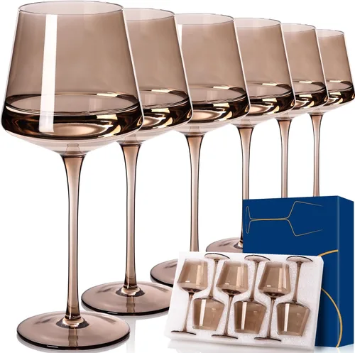 Miniatura 14 de Juego de 6 copas de vino marrón de 18 onzas, color ámbar oscuro, juego de regalo para fiestas, vasos de vidrio soplado a mano marrón para vino tinto