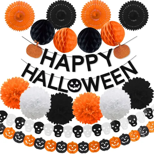 Decoraciones de fiesta de Halloween, pancarta de calabaza naranja con purpurina negra todo en uno para fiesta temática de Halloween, kit de