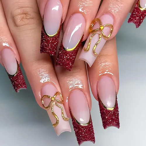 Miniatura 27 de MISUD - Uñas postizas largas cuadradas con pegamento de Rojo Gótico y Negro, diseño cruzado gótico Y2K acrílico, 24 piezas