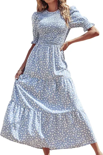 Miniatura 104 de BTFBM Vestidos para mujer, cuello redondo, casual, de verano, con volantes, manga corta, bohemio, con niveles, fruncido, largo, con estampado floral