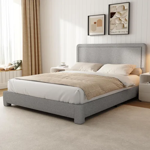 Miniatura 10 de Base de cama tamaño Queen, marco de cama Boucle con cabecera ajustable, cama de plataforma tapizada moderna con listones de madera, esquinas Beige