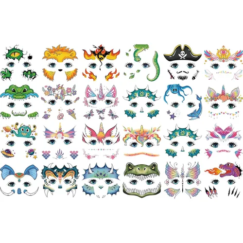 Face Temporary Tattoos for Kids, 24 Sheets Animal Fake Tattoo Stickers for Boys Girls Birthday Party Supplies Favors, Tiger, Snake, Elephant,