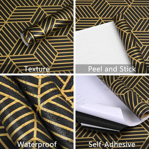 Miniatura 4 de WENMER Papel tapiz hexagonal geométrico de 17.7 x 118 pulgadas, para despegar y pegar, papel de contacto geométrico extraíble negro y dorado