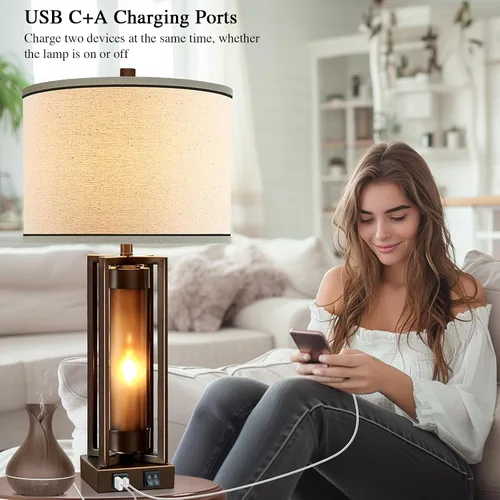 Miniatura 6 de Lámparas de mesa rústicas para sala de estar con puertos USB C+A, lámpara de mesita de noche vintage de granja con luz nocturna de acrílico ámbar