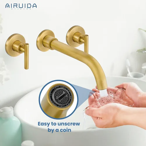 Miniatura 6 de Airuida Grifo de baño montado en la pared de latón antiguo de 3 agujeros, doble manija con boquilla giratoria 360, grifo mezclador de lavabo