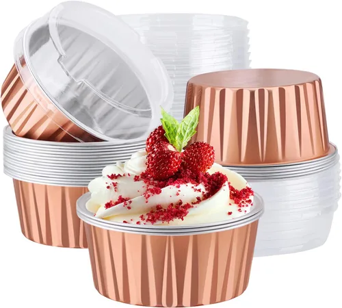 Miniatura 25 de EUSOAR Moldes de Papel de Aluminio para Hornear, 5oz 50 piezas Moldes Reutilizables para Cupcakes con Tapas, 3.34x2.59x2.35 pulgadas 125ml Moldes