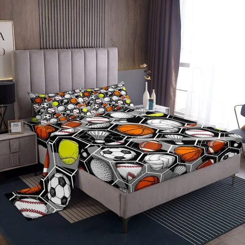 Miniatura 2 de Juego de ropa de cama para juegos de pelota, básquetbol, fútbol, sábana bajera hexagonal, geométrica, deportiva, sábana plana, béisbol, tenis