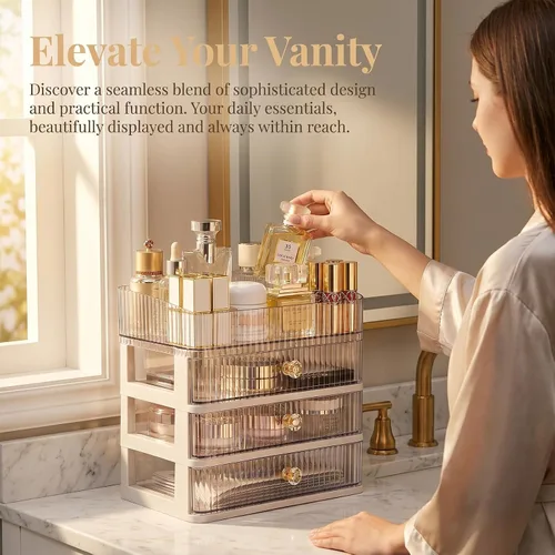 Miniatura 2 de Organizador de maquillaje con 3 cajones grandes, organizador de encimera para cosméticos, ideal para tocadores de baño y dormitorio, soporte