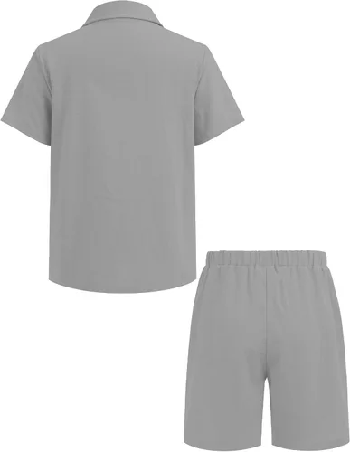 Miniatura 2 de COOFANDY Conjunto de 2 piezas de lino de manga corta con botones y pantalones cortos para niño