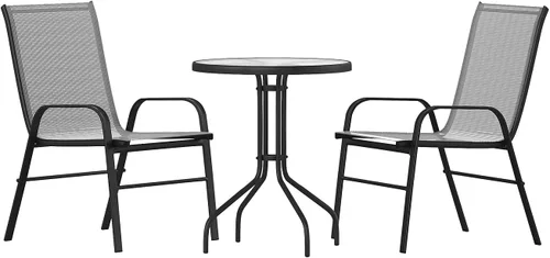 Flash Furniture Brazos - Juego de comedor para patio al aire libre de 3 piezas, 2 sillas apilables flexibles color gris, mesa redonda de vidrio