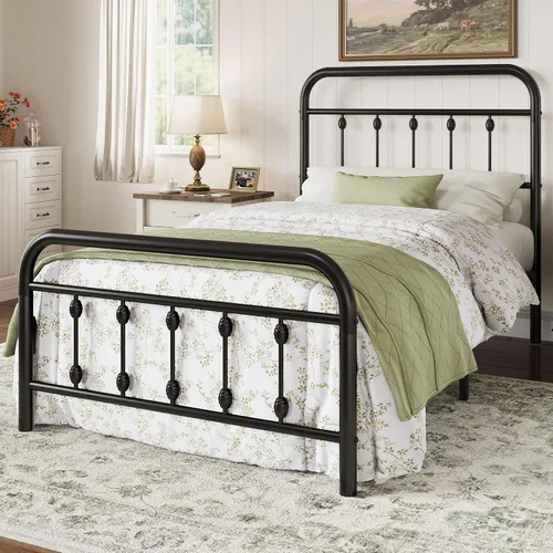 Miniatura 3 de Allewie Marco de Cama de Plataforma Metálica Tamaño Individual de 14 Pulgadas con Cabecero/Pie de Cama de Arte de Hierro Estilo Victoriano, Base