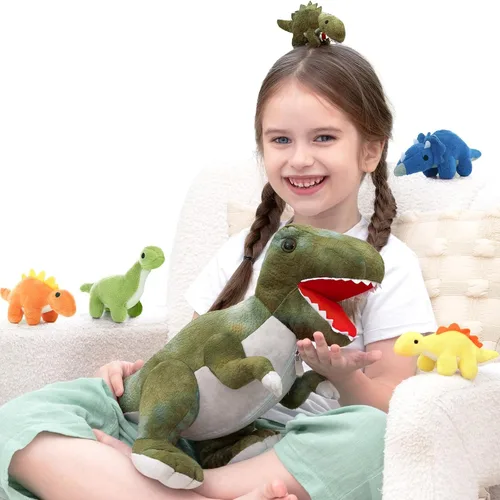 Miniatura 26 de Muiteiur Triceratops - Animal de peluche gigante de dinosaurio para mamá con 3 bebés pequeños, juguete de dinosaurio de felpa suave verde, regalo
