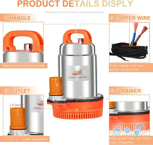Miniatura 4 de Bombas sumergibles solares de 250 W CC 24 V, bomba solar de agua de pozo profundo de 2 pulgadas, cabeza máxima de 20 pies, flujo de 26 GPM