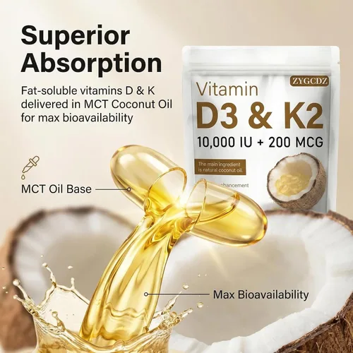 Miniatura 3 de Vitamina D3 10000 UI con cápsulas blandas K2 MK-7 de 200 mcg, 180 unidades Apoya la salud ósea, cardíaca e inmunológica Absorción mejorada