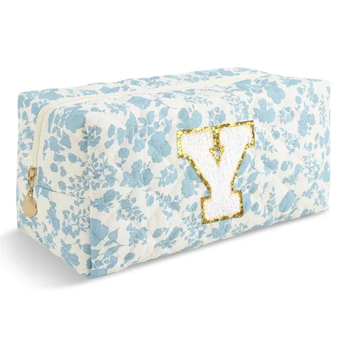 Miniatura 400 de Pequeña bolsa de maquillaje personalizada con inicial A-Z Preppy Patch, bolsa de cosméticos de viaje de felpilla blanca con cremallera, bonita bolsa