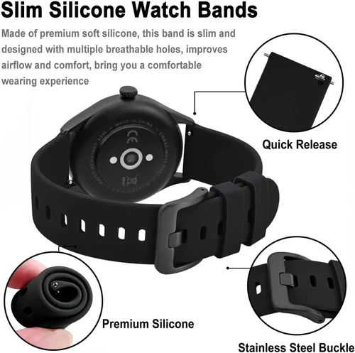 Miniatura 4 de BISONSTRAP Correas de reloj de silicona, correas de reloj delgadas con liberación rápida, 0.787 in, negro con hebilla negra