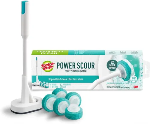 Sistema de limpieza para inodoro Scotch-Brite Power Scour, limpiador de taza de inodoro con pastillas de almohadilla de fregado desechables, incluye