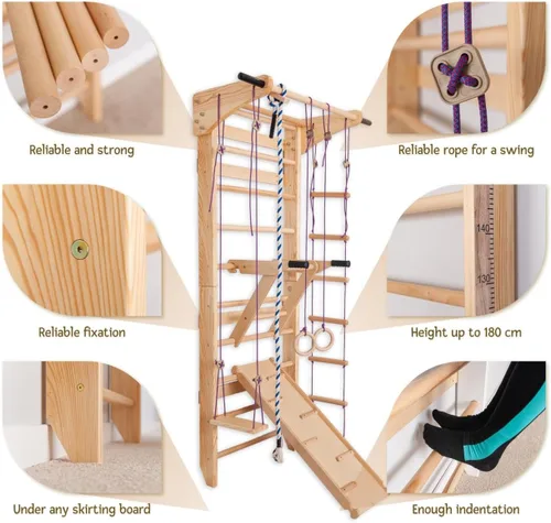 Miniatura 3 de Barras de pared de escalera sueca con barra de dominadas para niños y adultos, barras de madera para gimnasio en casa con anillos de gimnasia