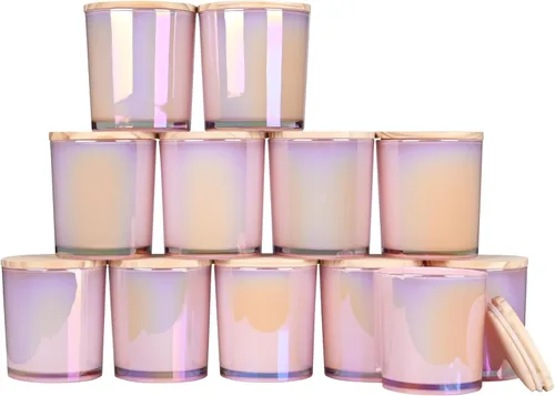 Miniatura 54 de SHOWIN Tarros de vela gruesos de 14 OZ para hacer velas 12 Piezas, tarros vacíos de 3 mechas con tapas de madera para hacer velas, recipiente