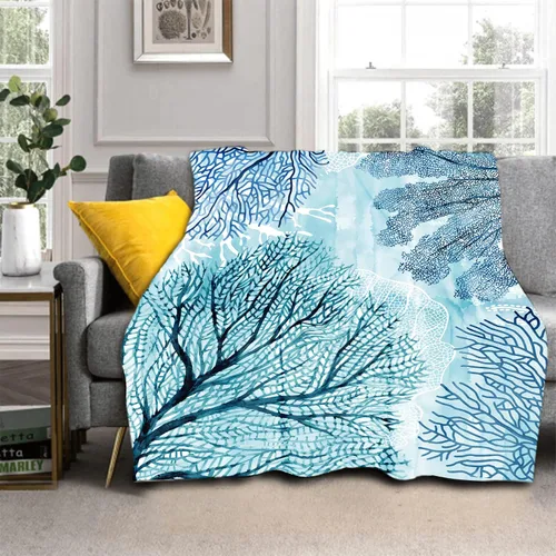 Manta náutica costera, acuarela, verde azulado, azul, coral, manta de franela suave con temática oceánica, manta decorativa ligera para sofá o