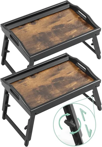 Paquete de 2 bandejas de cama para mesa de desayuno, bandejas de servicio de altura ajustable para comer, bandeja de bambú para laptop con patas