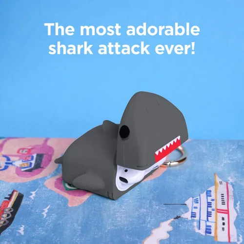 Miniatura 3 de elago Shark - Funda compatible con AirPods de Apple, diseño 3D con llavero para Apple AirPods 2, 1 (gris oscuro)