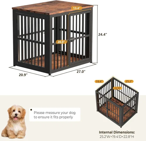 Miniatura 7 de Lyromix Mueble de jaula para perros de 27 pulgadas con 3 puertas, mesa auxiliar de jaula de madera resistente jaula interior para cachorros