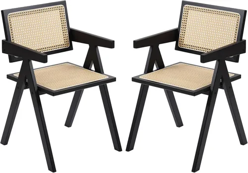 Furlide Juego de 2 sillas de comedor de ratán, sillas de comedor modernas de mediados de siglo con brazos, sillas de bambú para exteriores, para