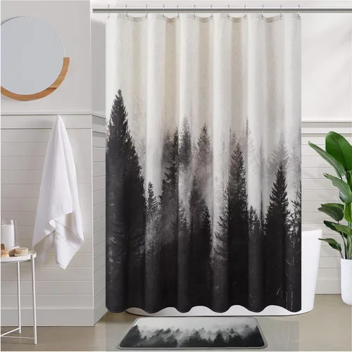 ORTIGIA Cortina de ducha con diseño de bosque de montaña, tela de lino de mezcla pesada, árbol natural negro, cortina de baño de bosque brumoso, 60