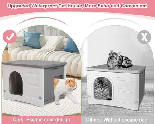 Miniatura 2 de Casa de plástico para gatos para interiores y exteriores, casa impermeable para gatos con puerta de escape para gatos salvajes exteriores, refugio