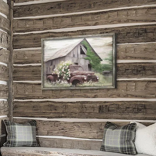 Miniatura 5 de Arte de pared de madera enmarcada de granja: arte de camión viejo rústico pintura de madera de granero para dormitorio