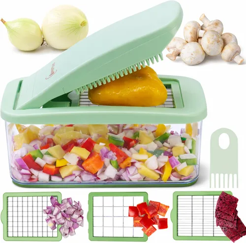 Brieftons QuickPush - Picador de alimentos: cortador de verduras en corte, cortador de cebolla, cortador de verduras, 3 cuchillas extra grandes con