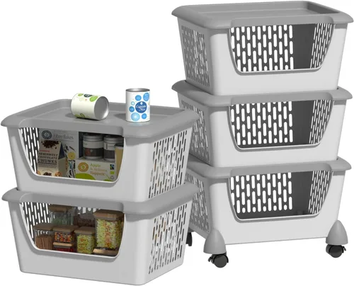 Miniatura 9 de Morcte Paquete de 5 cestas de almacenamiento apilables de plástico con tapas, cesta organizadora apilable con ruedas, color gris Stacking