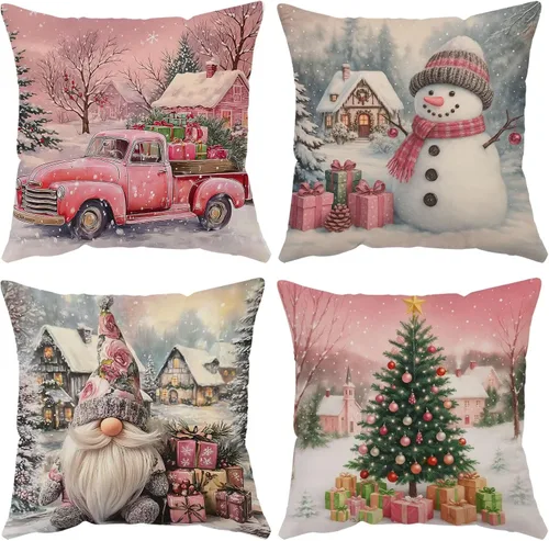Miniatura 10 de Juego de 4 fundas de almohada de Navidad de 12 x 12 pulgadas, fundas de almohada de terciopelo de Navidad, fundas de almohada doradas y rojas