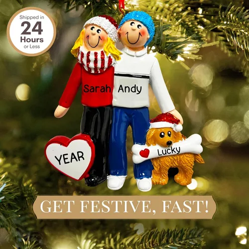Miniatura 2 de Adorno personalizado para pareja con perro 2025 – Recuerdo de árbol de Navidad de familia de 2 Grabado con láser recién casado con cachorro