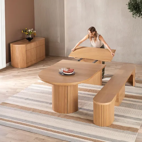 Miniatura 25 de Transformer Table - Juego de mesa de comedor redonda extensible de madera maciza con banco, juego de comedor redondo expandible, asientos 4-10