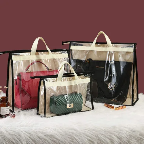 Miniatura 2 de Bolsas de Almacenamiento Transparentes para Bolsos Organizador de Armario, Bolsa de Almacenamiento Colgante con Cremallera para Bolsos, M Beige
