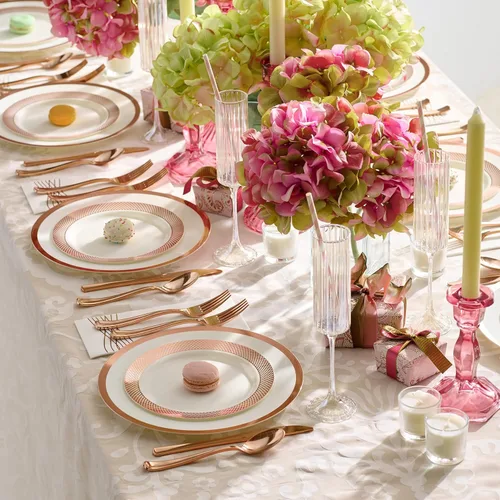 Miniatura 2 de By Madee PREMIUM - Juego de vajilla desechable elegante – Juego de platos y utensilios de plástico de oro rosa de 175 piezas con servilletas