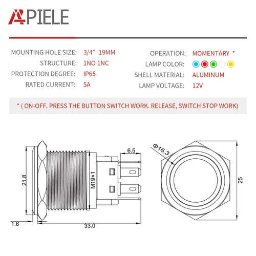 Miniatura 2 de APIELE Interruptor momentáneo de botón de encendido y apagado de 0.748 in de aleación de aluminio con cabezal de ojo de ángel LED de 12 V