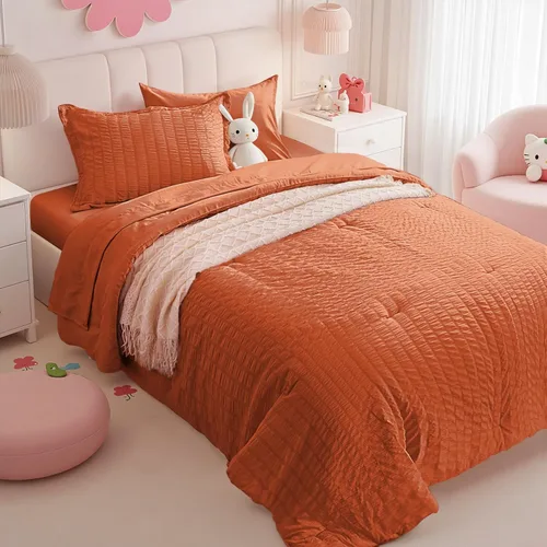 Miniatura 39 de Zzlpp Juego de edredón King de 7 piezas, ropa de cama de seersucker naranja quemado en una bolsa con sábanas, juegos de ropa de cama ligeros con 1