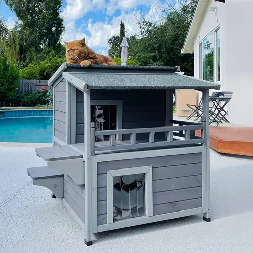 Miniatura 9 de Aivituvin Casa de gatos al aire libre resistente a la intemperie con dos pisos, refugio para gatos salvajes con puertas de escape, madera maciza